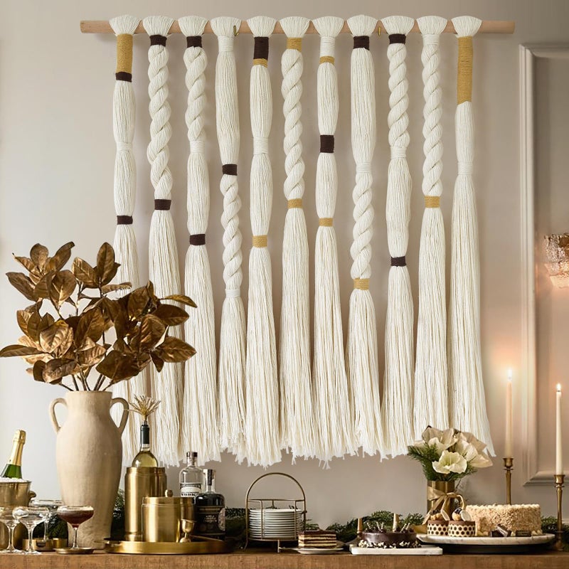 Flber Macrame Wall Hanging Woven Knot and Tassel Fringe Handmade Boho Wall Art for Bedroom, Living Room, or Entryway Decor 27" W x 29" L - Image 2