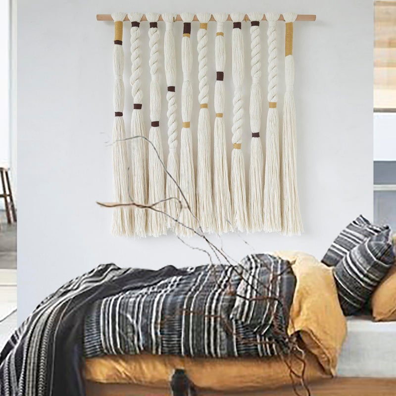 Flber Macrame Wall Hanging Woven Knot and Tassel Fringe Handmade Boho Wall Art for Bedroom, Living Room, or Entryway Decor 27" W x 29" L - Image 3