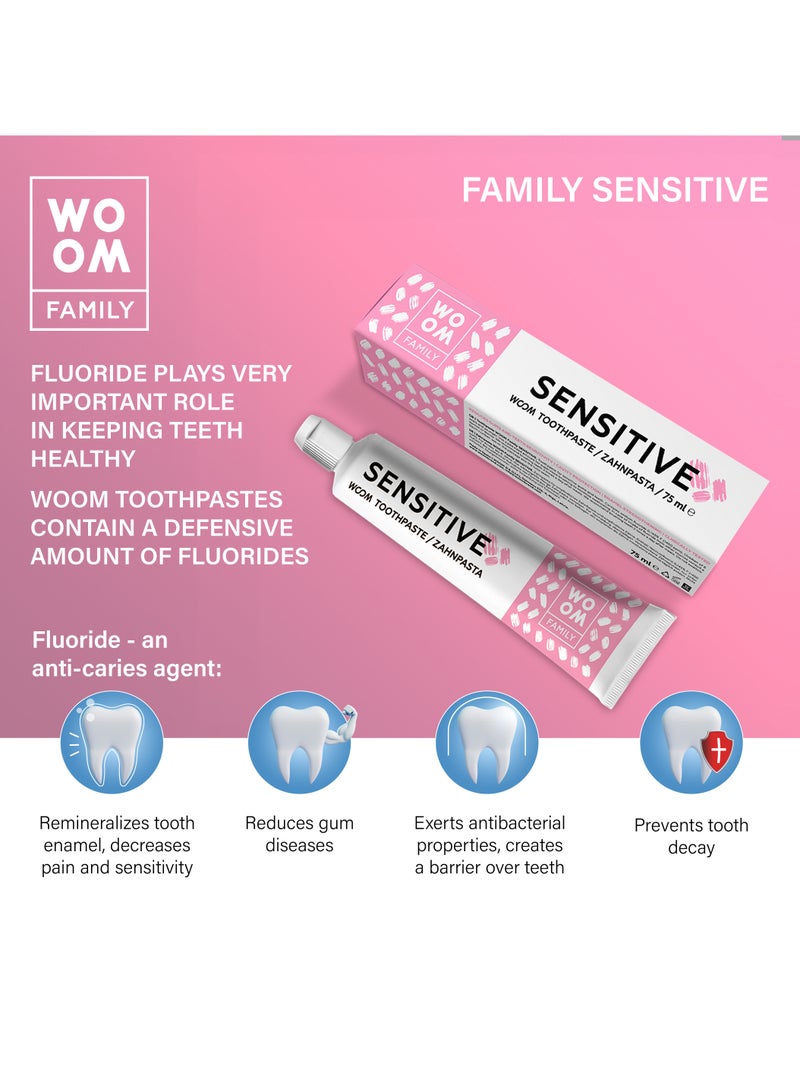 ووؤوم معجون أسنان ووم فاميلي سنسيتيف لجميع أفراد الأسرة، آمن للأطفال، 6+، جودة الاتحاد الأوروبي الممتازة، إسبانيا، 75 مل - Image 5