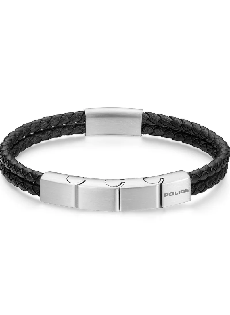 بوليس Police Parallel Black Leather Stainless Steel Gents Bracelet