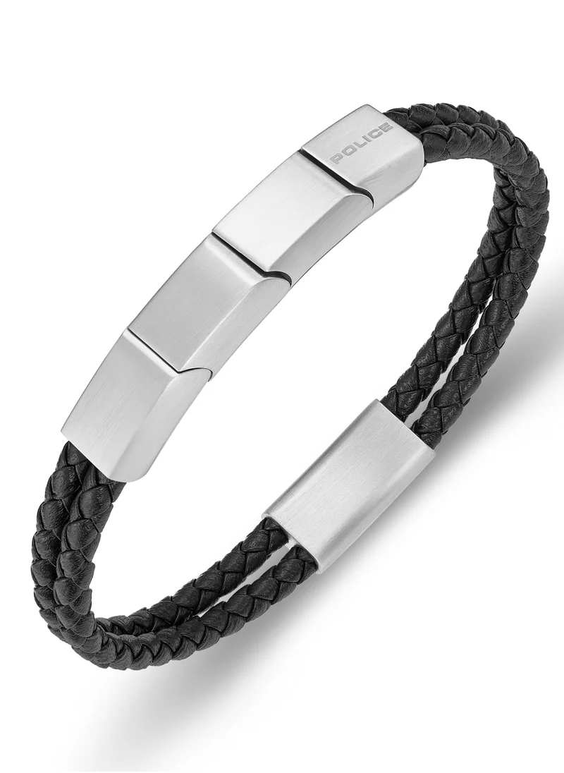 بوليس Police Parallel Black Leather Stainless Steel Gents Bracelet