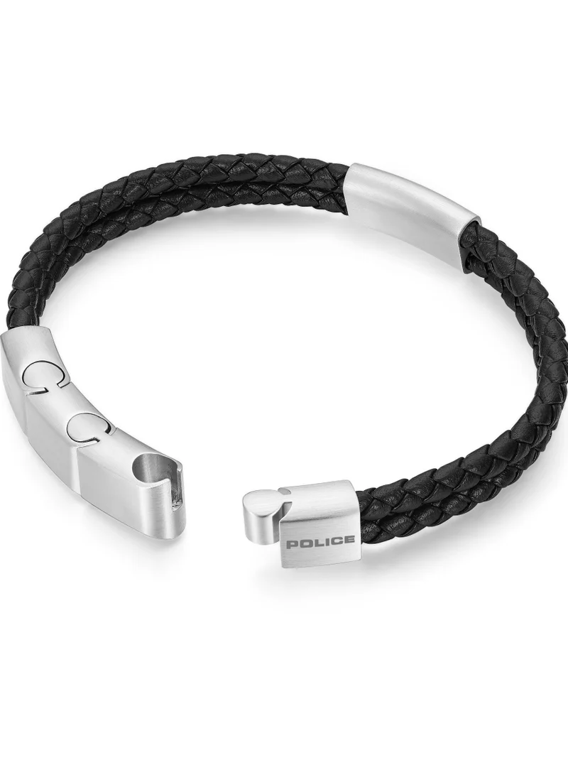 POLICE Parallel Black Leather Stainless Steel Gents Bracelet
