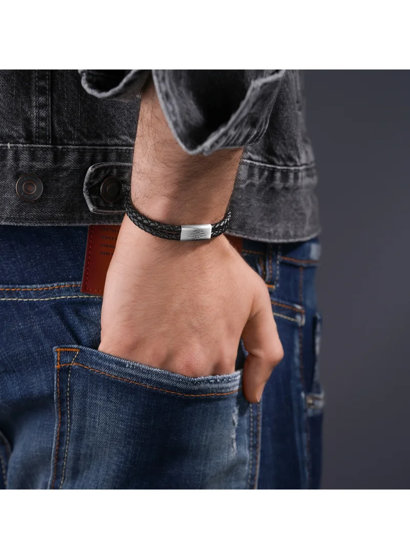 POLICE Parallel Black Leather Stainless Steel Gents Bracelet