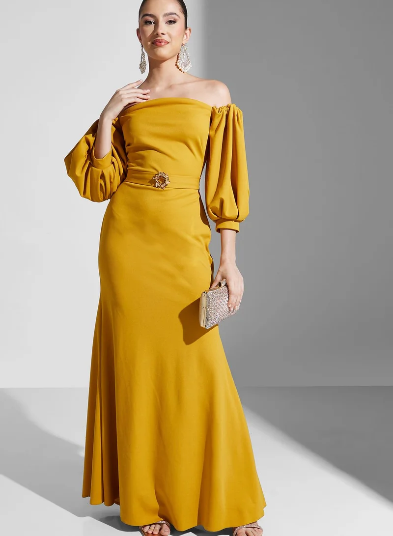 Namshi X Hadia Ghaleb Hadia Ghaleb Off Shoulder Gown With Puff Sleeves