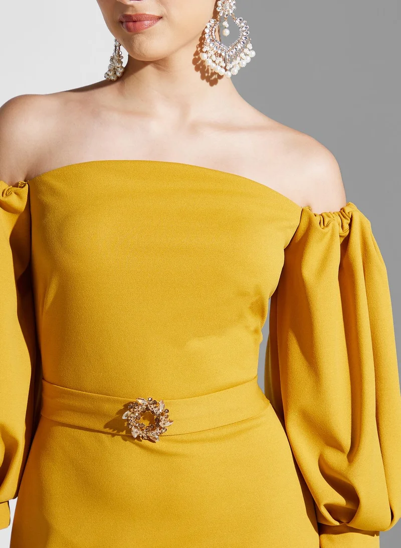 Namshi X Hadia Ghaleb Hadia Ghaleb Off Shoulder Gown With Puff Sleeves