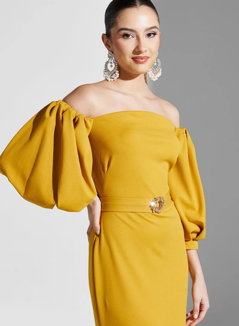 Namshi X Hadia Ghaleb Hadia Ghaleb Off Shoulder Gown With Puff Sleeves