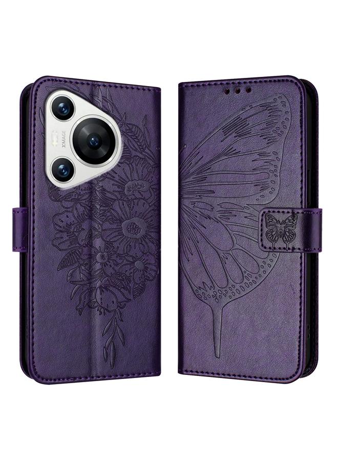 زبون جراب لهاتف Huawei Pura 70 مصنوع من الجلد المنقوش بنقشة الفراشة - Image 1