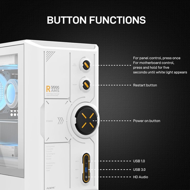 الساي علبة كمبيوتر برج متوسطة ALSEYE Rams2.0 Micro-ATX/ITX MATX مع لوحة جانبية من الزجاج المقوى، تحكم ARGB، مرشحات غبار، تدعم مبرد CPU 180 مم/GPU 305 مم/PSU 160 مم، 6 مراوح 120 مم، مشعاع علوي 240 مم (أبيض) - Image 2