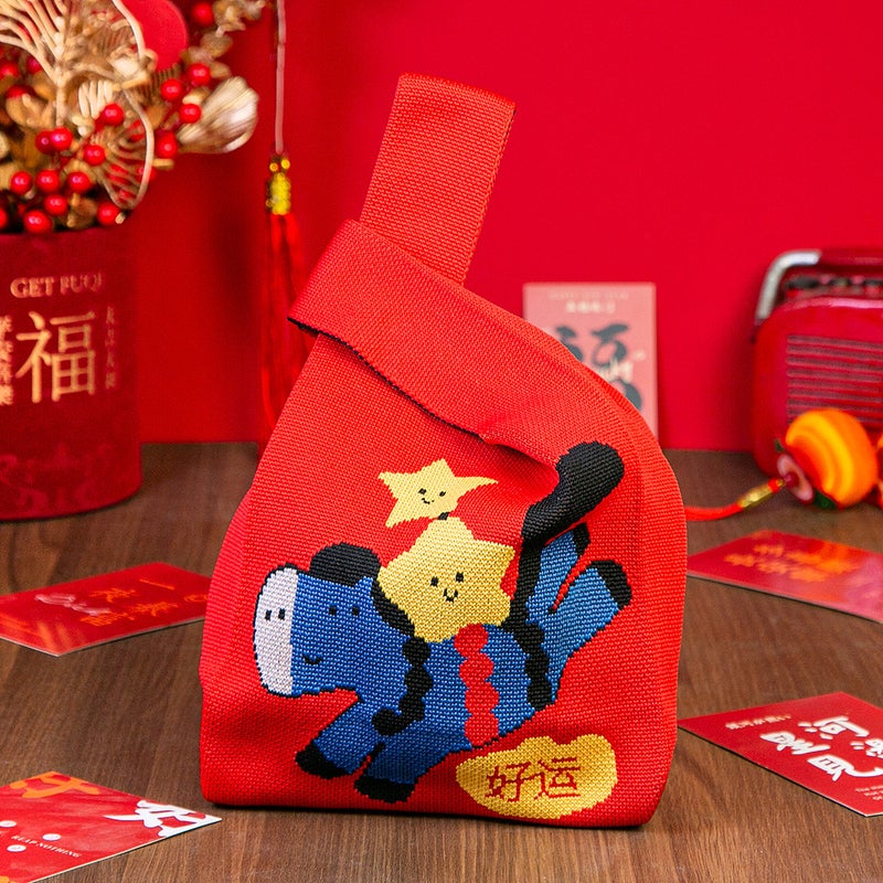 Chinese New Year Red Festive Knitted Tote Bag - Image 3