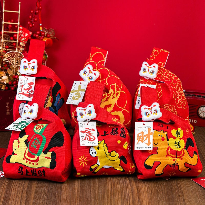 Chinese New Year Red Festive Knitted Tote Bag - Image 2