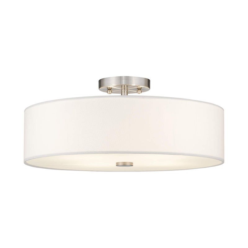 Livex Lighting 51055-91 Meridian Collection 4-Light Semi Flush Mount Ceiling Fixture with Off-White Fabric Hardback Drum Shade, Brushed Nickel - Image 1