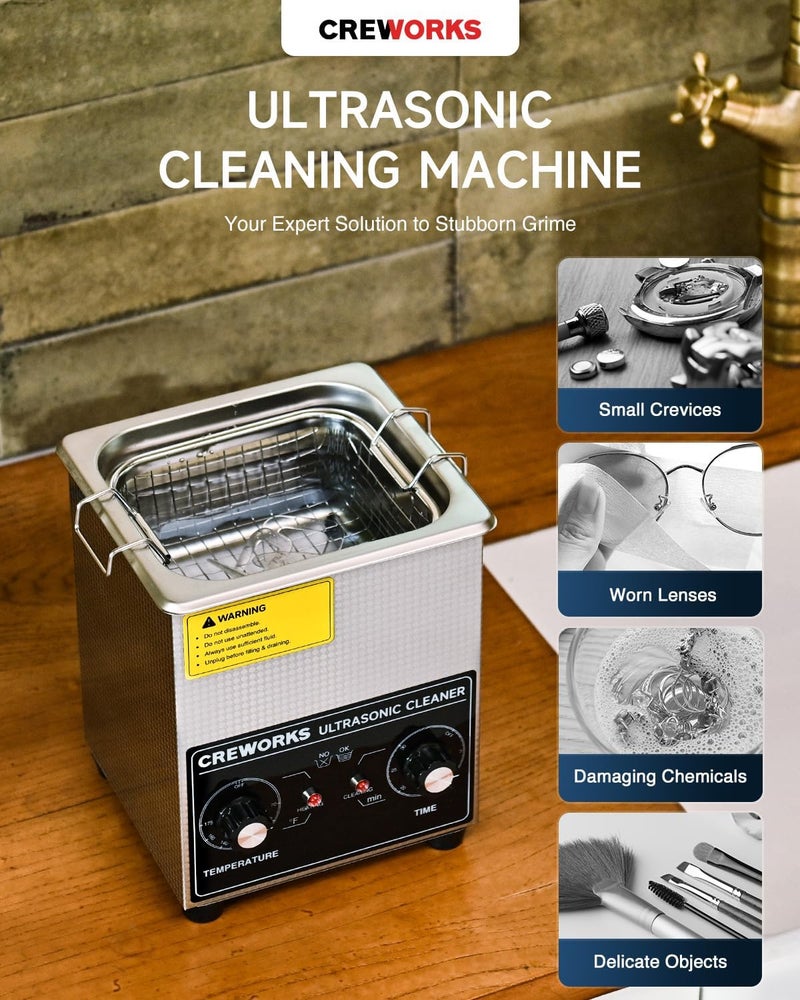 CREWORKS Ultrasonic Cleaner with Heater & Timer, 1/2 Gallon Stainless Steel 60W Ultrasonic Cleaning Machine with Degas & Gentle, 2L Sonic Machine for Professional Jewelry Watch Glasses Cleaning - Image 2