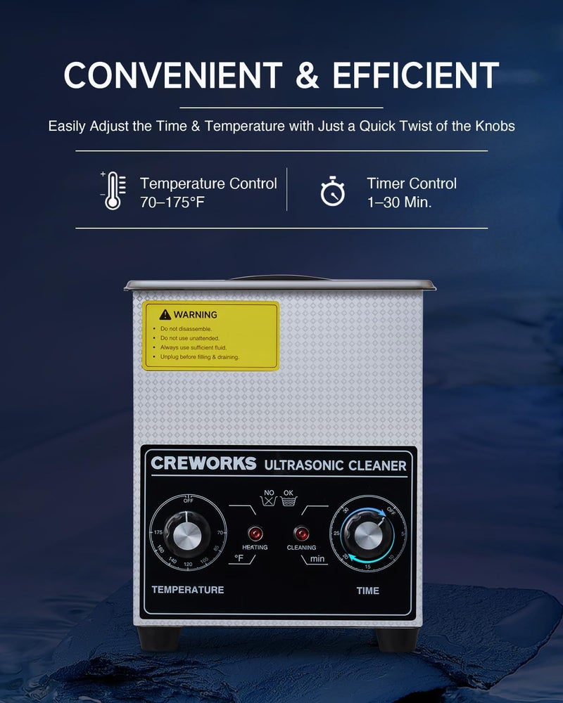 CREWORKS Ultrasonic Cleaner with Heater & Timer, 1/2 Gallon Stainless Steel 60W Ultrasonic Cleaning Machine with Degas & Gentle, 2L Sonic Machine for Professional Jewelry Watch Glasses Cleaning - Image 3