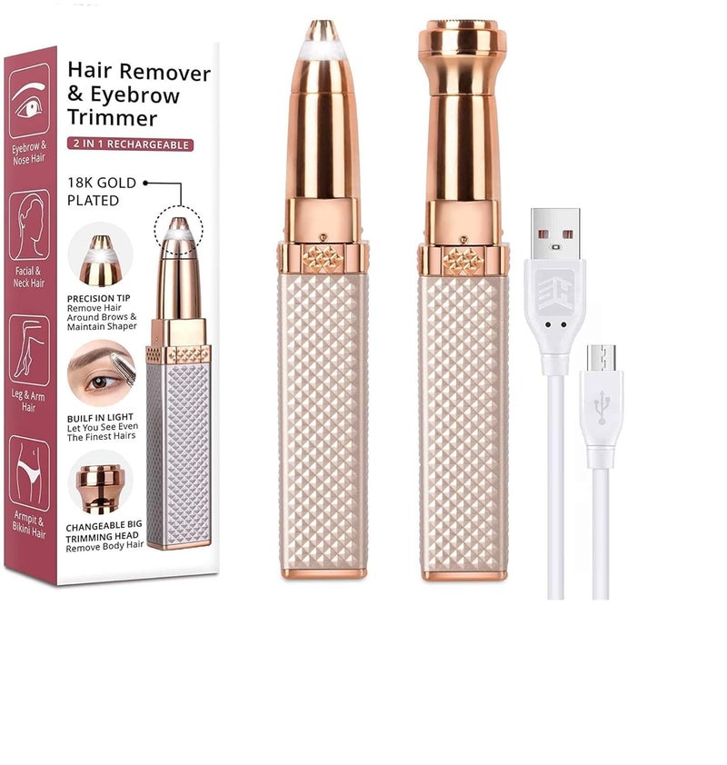 TESMEZY Female Portable 2-in-1 Facial Hair Remover For Eyebrows, Face, Lips, and Nose Trimmer with LED Light, Facial Hair Removal Shaver Device with LED Light, USB Rechargeable (Gold) - Image 1