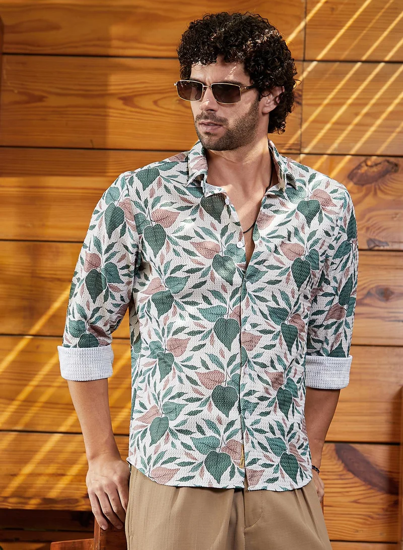Campus Sutra Campus Sutra Men's Forest Green & Off-White Foliage-Impressions Shirt For Casual Wear | Spread Collar | Long Cuffed Sleeves | Button Closure | Shirt Crafted With Comfort Fit For Everyday Wear
