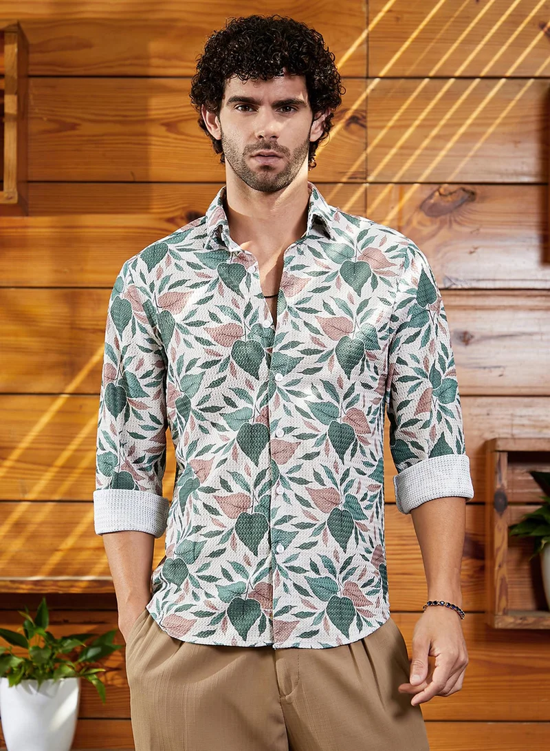 Campus Sutra Campus Sutra Men's Forest Green & Off-White Foliage-Impressions Shirt For Casual Wear | Spread Collar | Long Cuffed Sleeves | Button Closure | Shirt Crafted With Comfort Fit For Everyday Wear