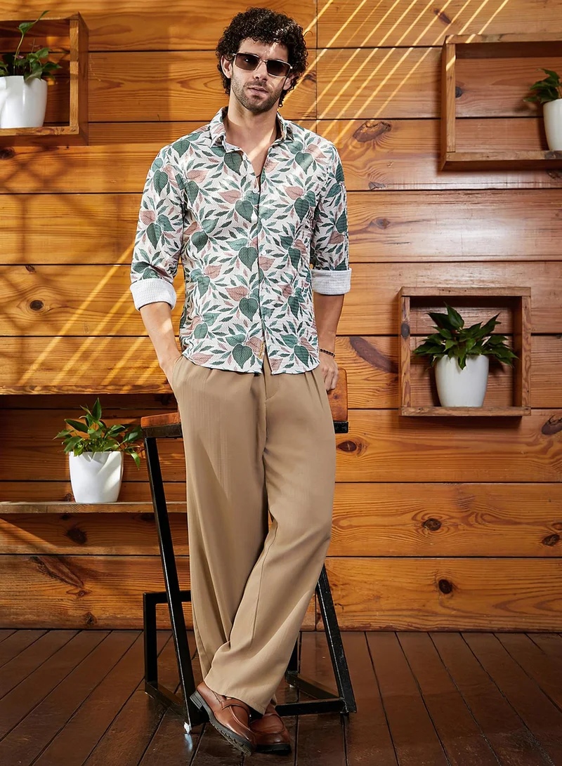 Campus Sutra Campus Sutra Men's Forest Green & Off-White Foliage-Impressions Shirt For Casual Wear | Spread Collar | Long Cuffed Sleeves | Button Closure | Shirt Crafted With Comfort Fit For Everyday Wear