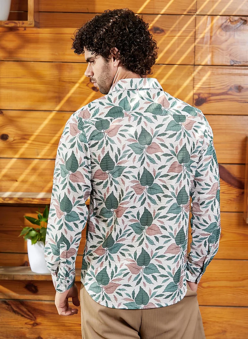Campus Sutra Campus Sutra Men's Forest Green & Off-White Foliage-Impressions Shirt For Casual Wear | Spread Collar | Long Cuffed Sleeves | Button Closure | Shirt Crafted With Comfort Fit For Everyday Wear