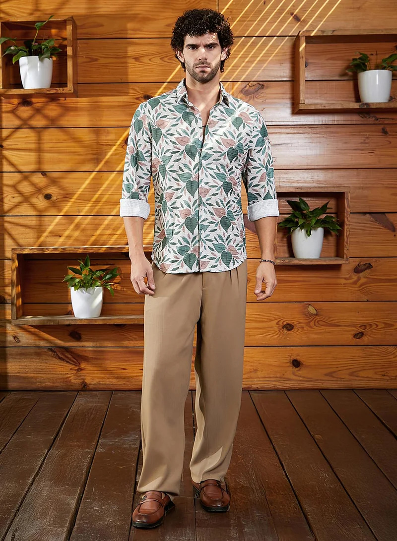 Campus Sutra Campus Sutra Men's Forest Green & Off-White Foliage-Impressions Shirt For Casual Wear | Spread Collar | Long Cuffed Sleeves | Button Closure | Shirt Crafted With Comfort Fit For Everyday Wear