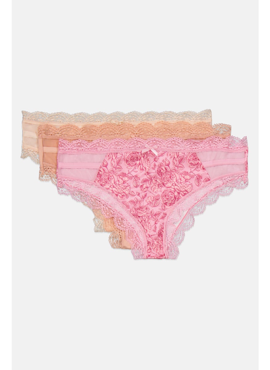 French Affair Women 3 Pieces Embroidered Pull On Panties, Pink  - Image 3