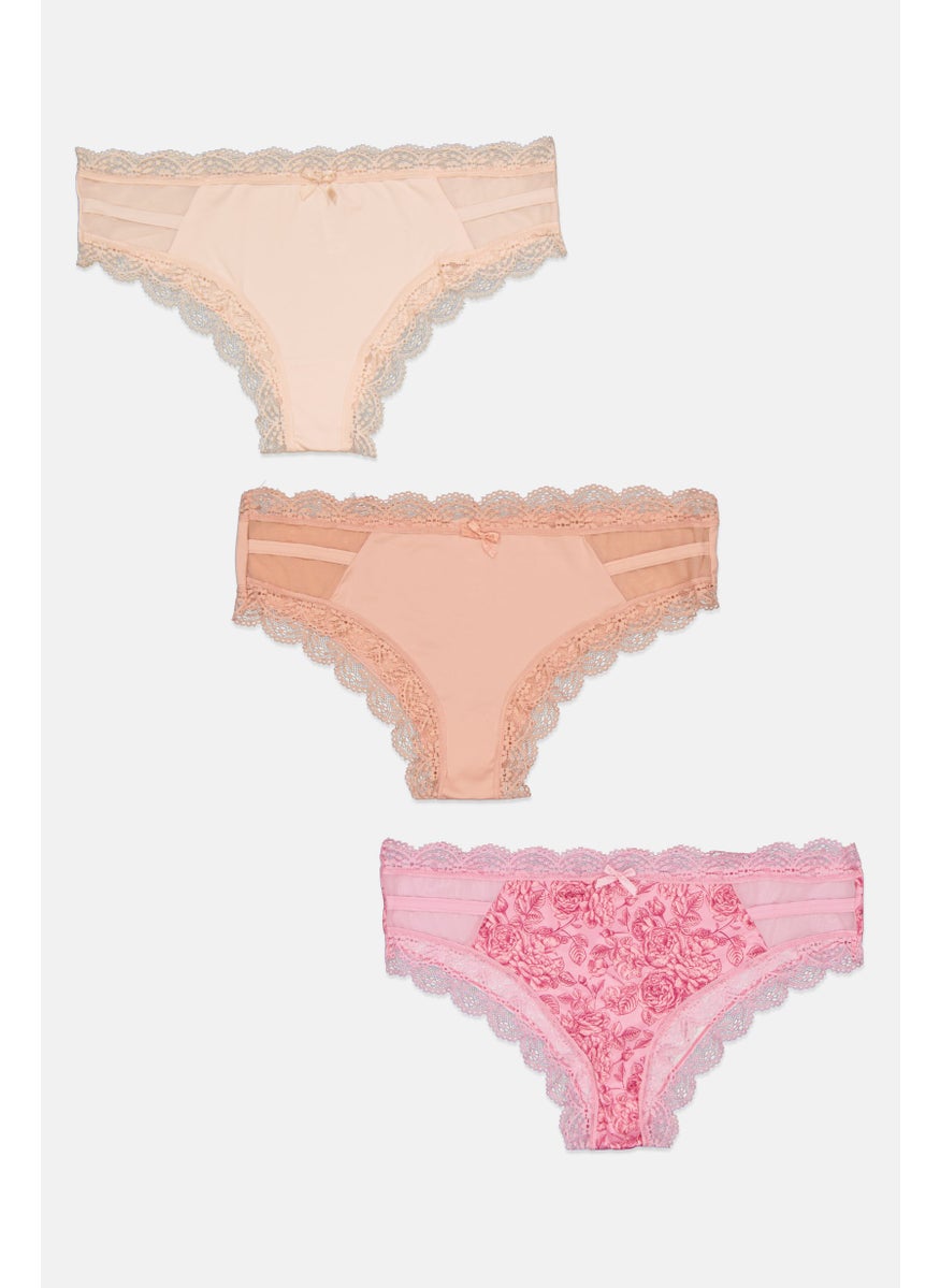 French Affair Women 3 Pieces Embroidered Pull On Panties, Pink  - Image 1