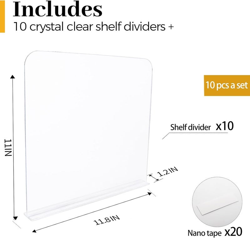 ROUFA Acrylic Shelf Dividers for Closet Shelf Organizer, 10Pcs Clear Wood Closet Divider Separator for Storage and Organization, Bedroom Organizer for Any Thickness of Shelves, 11.8''x11'' - Image 3