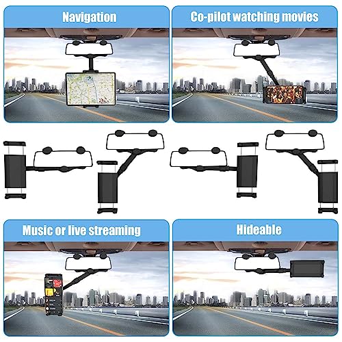 Cuxwill Car Rear View Mirror Phone Holder Tablet Mount for 4-13" iPad & Cell Phone, 360° Rotatable Retractable Car Truck Holder Rearview Mount for iPad Pro 12.9 Air Mini, Galaxy Z Fold 4 3, iPhone etc - Image 2