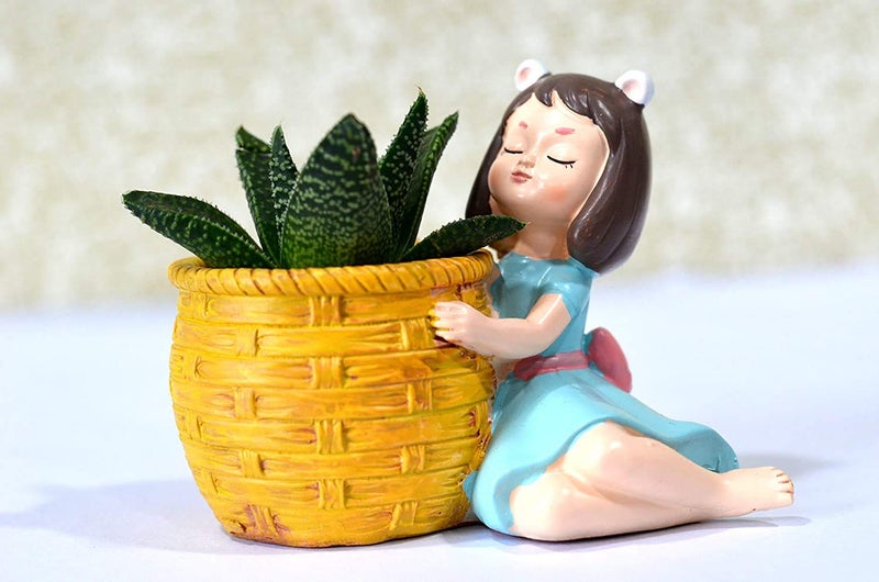 HC VILLA Resin Beautiful Handcraft Nature Friendly and Peaceful Cute Dreaming Fairy Girl with Succulent Basket Planter Pot (Without Plant, 12X12X10, Blue-Yellow), 1 Piece - Image 4