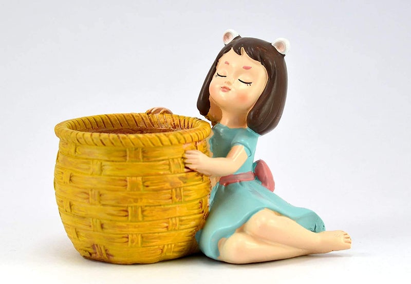 HC VILLA Resin Beautiful Handcraft Nature Friendly and Peaceful Cute Dreaming Fairy Girl with Succulent Basket Planter Pot (Without Plant, 12X12X10, Blue-Yellow), 1 Piece - Image 2