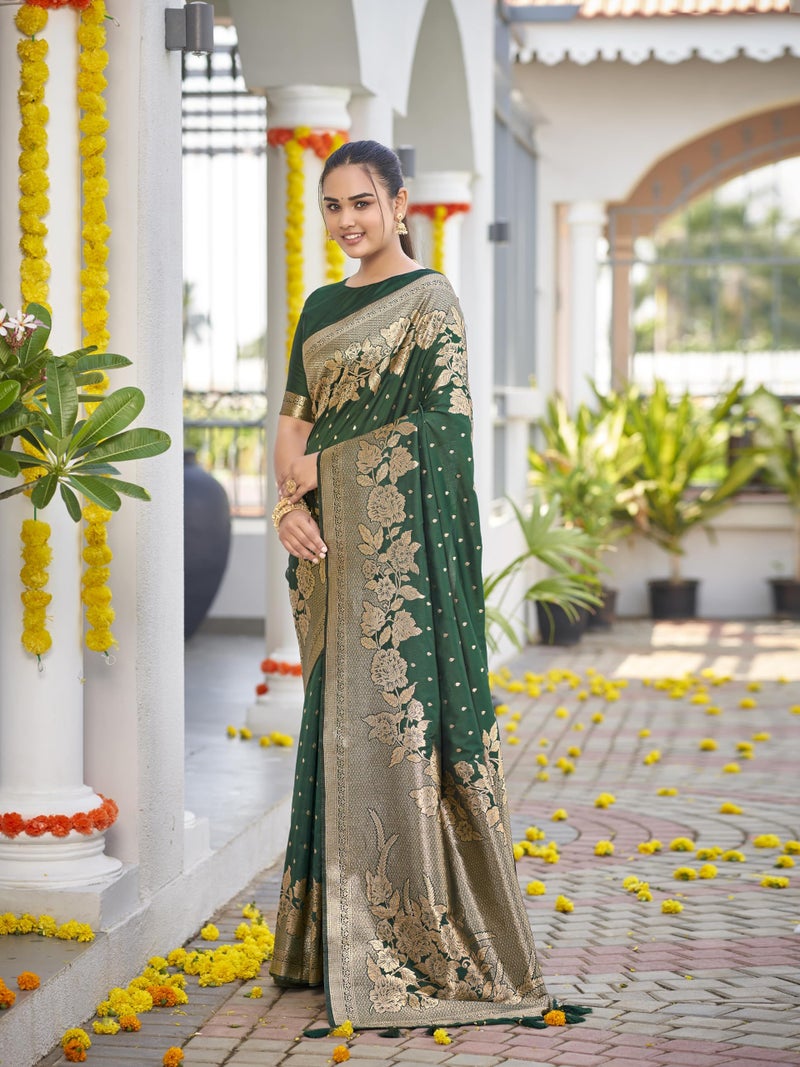 MANOHARI Womens Most Trendy Banarasi Woven Dark Green Saree With Heavy Jacquard Work Saree With Blouse Piece - Image 3