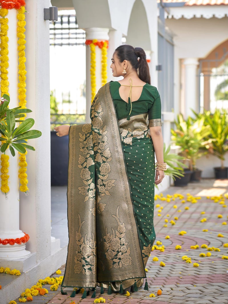 MANOHARI Womens Most Trendy Banarasi Woven Dark Green Saree With Heavy Jacquard Work Saree With Blouse Piece - Image 4