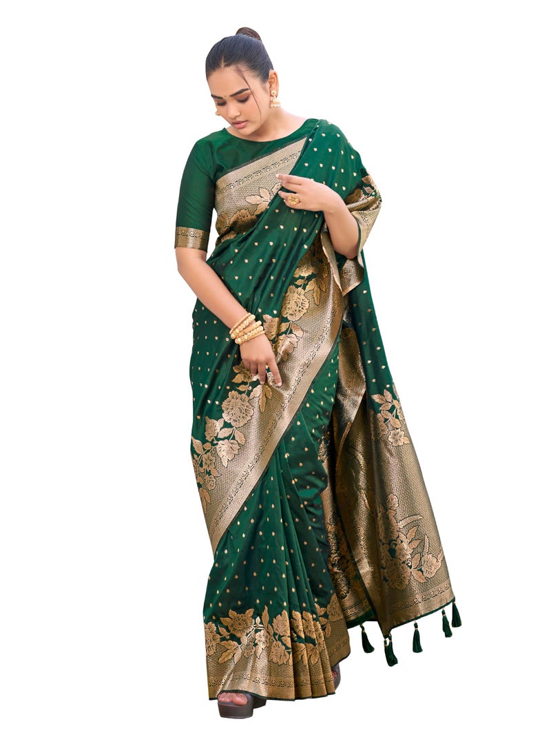 MANOHARI Womens Most Trendy Banarasi Woven Dark Green Saree With Heavy Jacquard Work Saree With Blouse Piece - Image 1