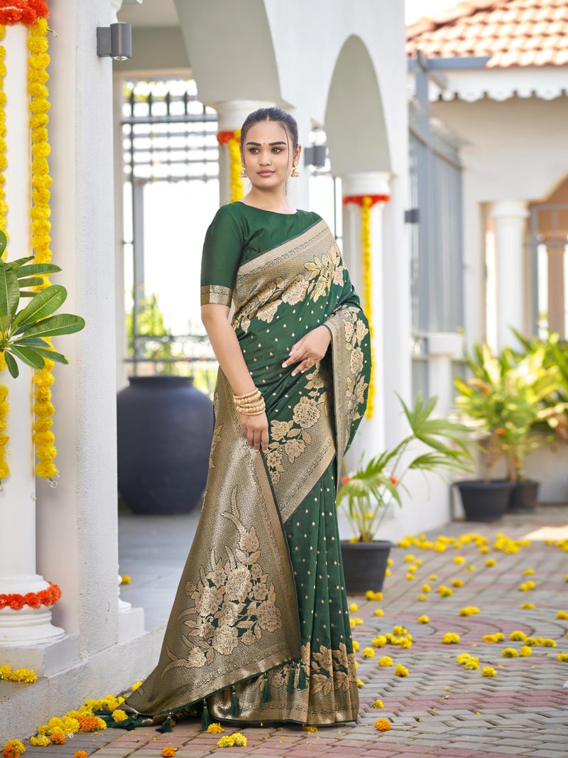 MANOHARI Womens Most Trendy Banarasi Woven Dark Green Saree With Heavy Jacquard Work Saree With Blouse Piece - Image 5