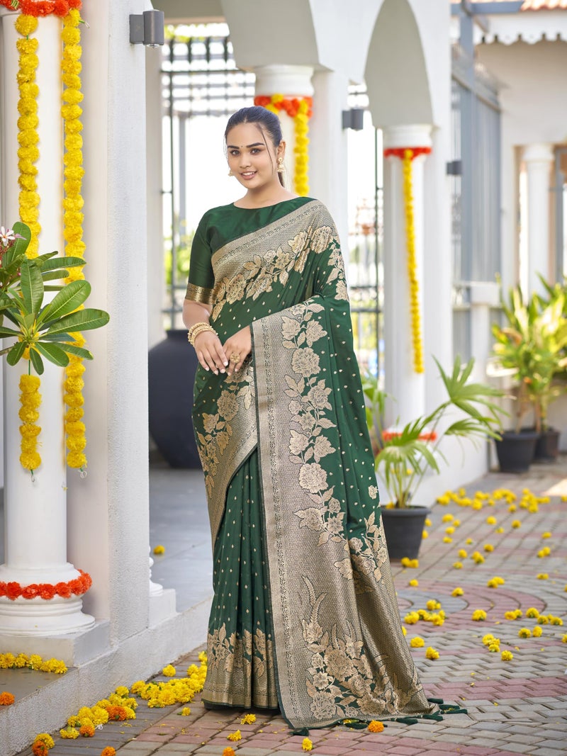 MANOHARI Womens Most Trendy Banarasi Woven Dark Green Saree With Heavy Jacquard Work Saree With Blouse Piece - Image 2