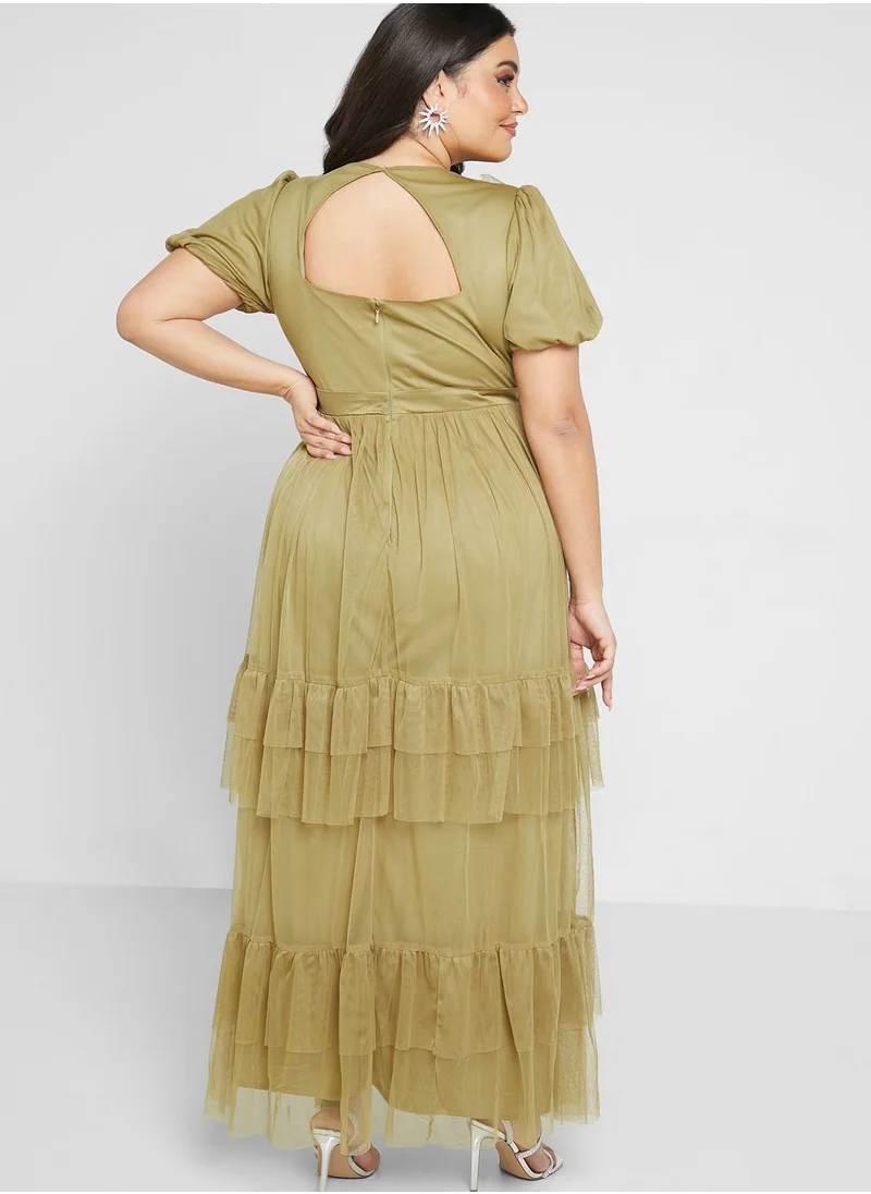 Anaya with Love Curve Open Back Puff Sleeve Ruffle Dress