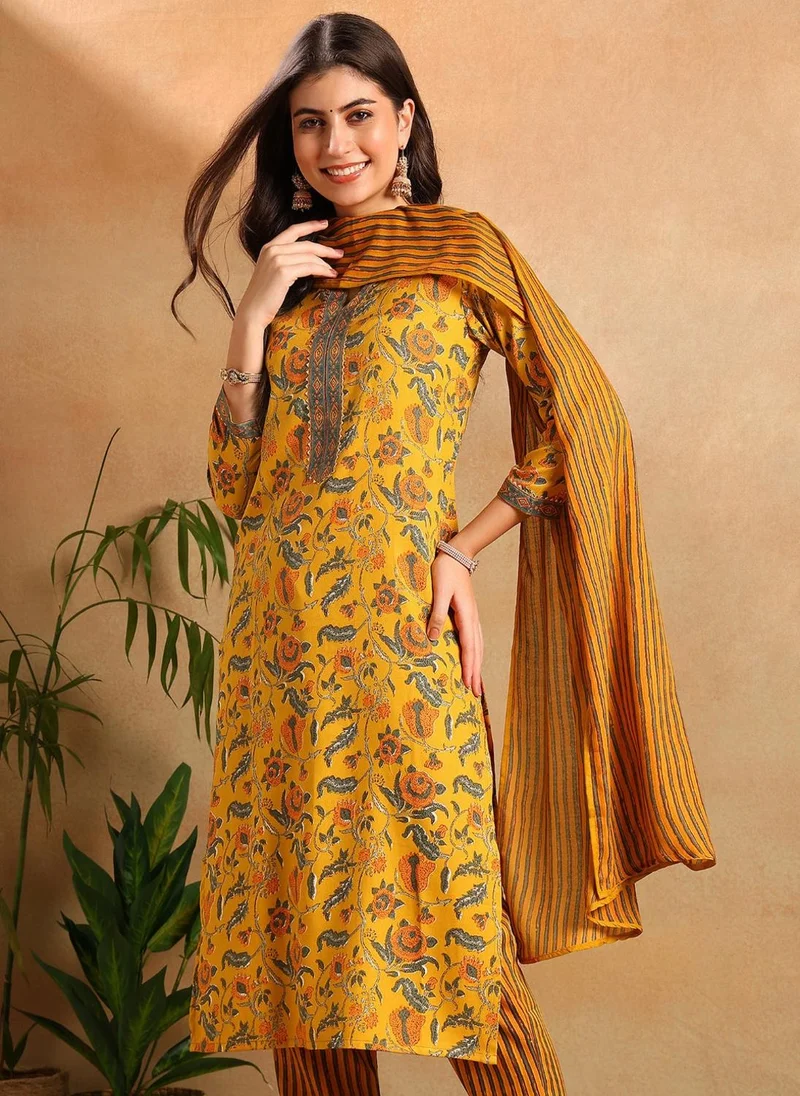 ZERESOUQ Yellow Rayon Blend Floral Printed Straight 3-Piece Kurta Set