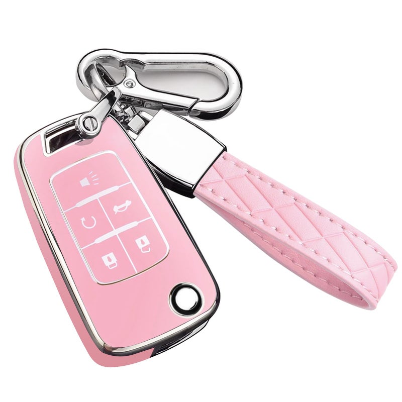 Cacacar for Chevy Key Fob Cover with Keychain, Premium TPU Full Protection Key Fob Case for Chevrolet Equinox Camaro Cruze Malibu Sonic Buick Terrain (5 Buttons Pink) - Image 1