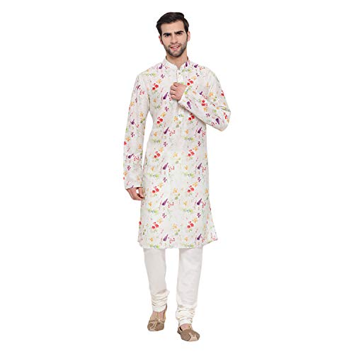 VASTRAMAY Men's Cream Cotton Blend Kurta Pyjama Set | Perfect Spring Edit Floral Design Digitally Printed Kurta With Bling Buttons And Singara Border Along With Relaxed Pyjama. - Image 1