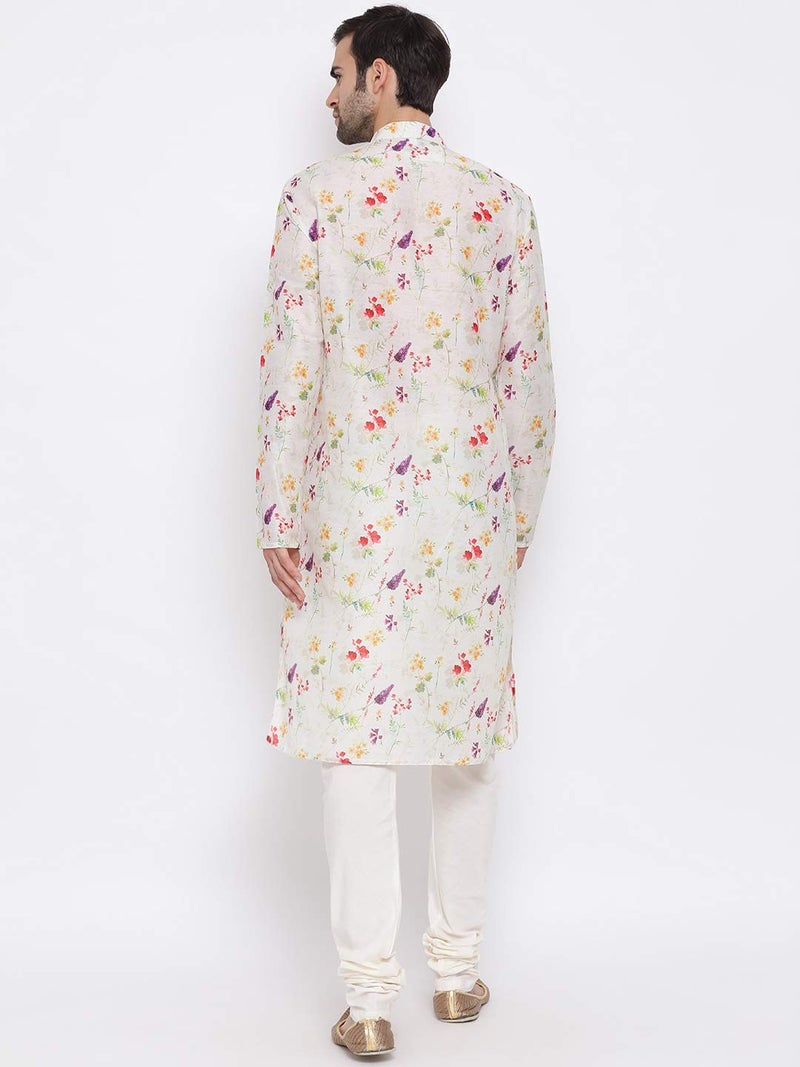 VASTRAMAY Men's Cream Cotton Blend Kurta Pyjama Set | Perfect Spring Edit Floral Design Digitally Printed Kurta With Bling Buttons And Singara Border Along With Relaxed Pyjama. - Image 4