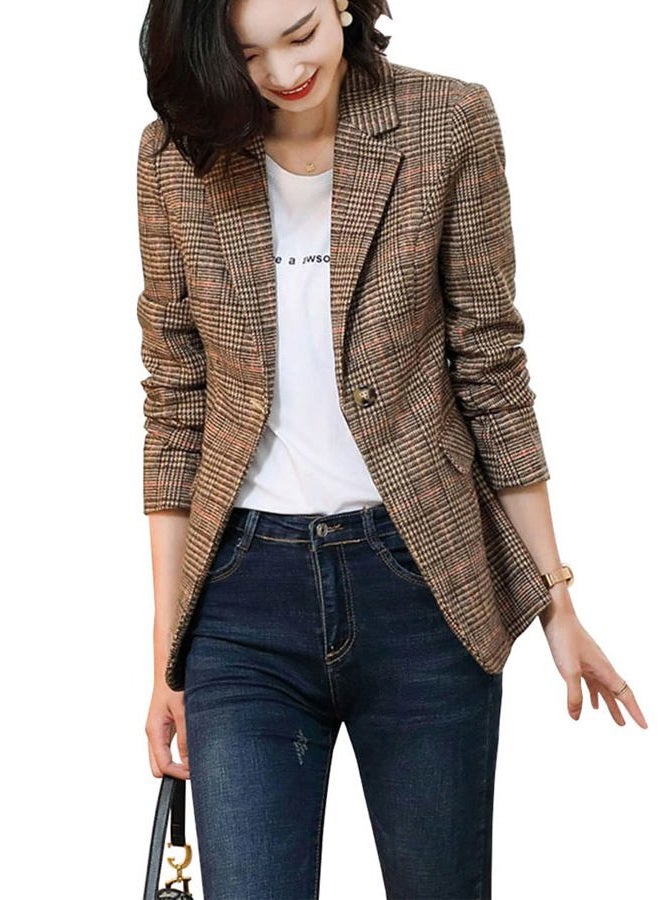 ebossy Women's Notch Lapel 2 Button Boyfriend Blazer Suit Houndstooth Plaid Jacket Coat, X-brown, M - Image 3