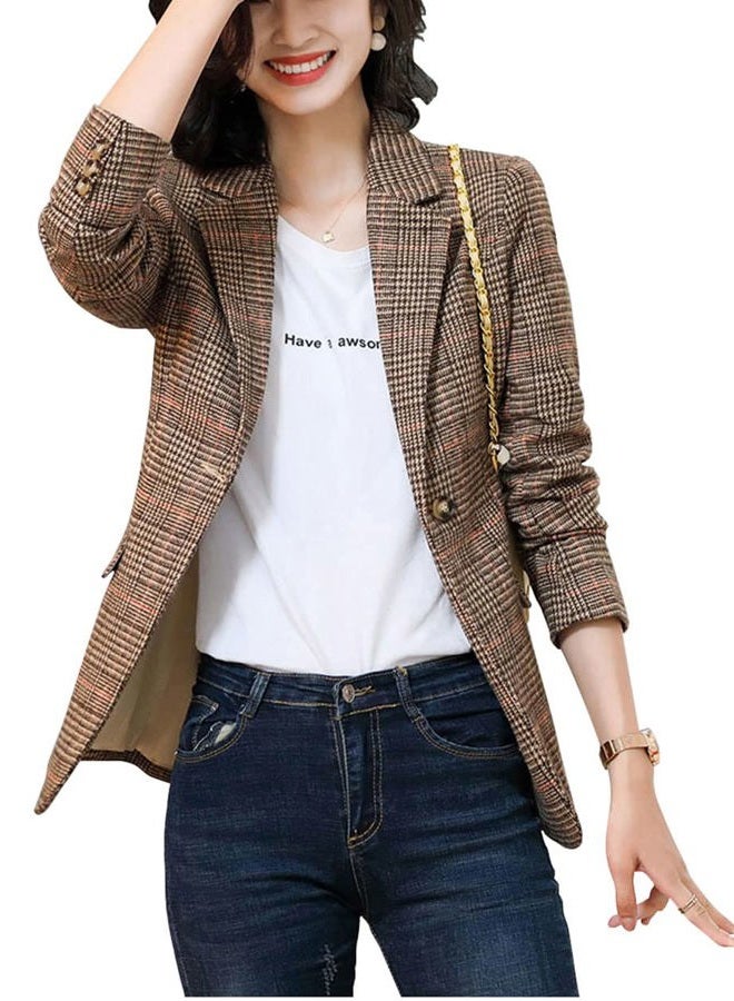 ebossy Women's Notch Lapel 2 Button Boyfriend Blazer Suit Houndstooth Plaid Jacket Coat, X-brown, M - Image 2
