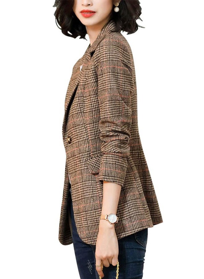 ebossy Women's Notch Lapel 2 Button Boyfriend Blazer Suit Houndstooth Plaid Jacket Coat, X-brown, M - Image 4