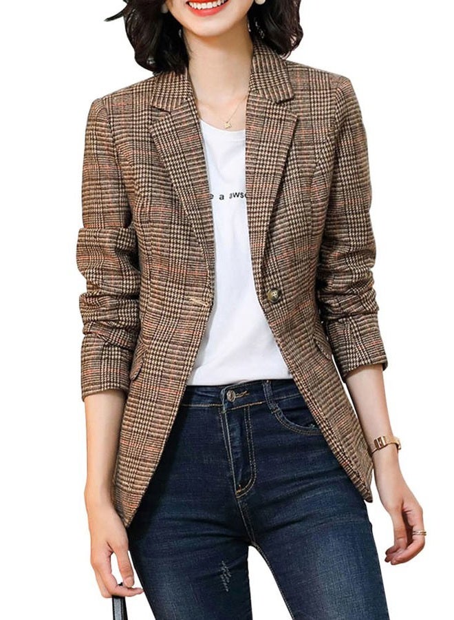 ebossy Women's Notch Lapel 2 Button Boyfriend Blazer Suit Houndstooth Plaid Jacket Coat, X-brown, M - Image 1