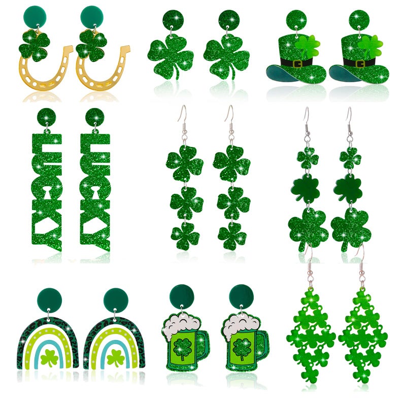 WanBigVa 9 Pairs St Patrick's Day Earrings,Green Shamrock Dangle Earrings for Women Clover Holiday Earring for Irish Festival St Patty's Jewelry Party Accessory - Image 1