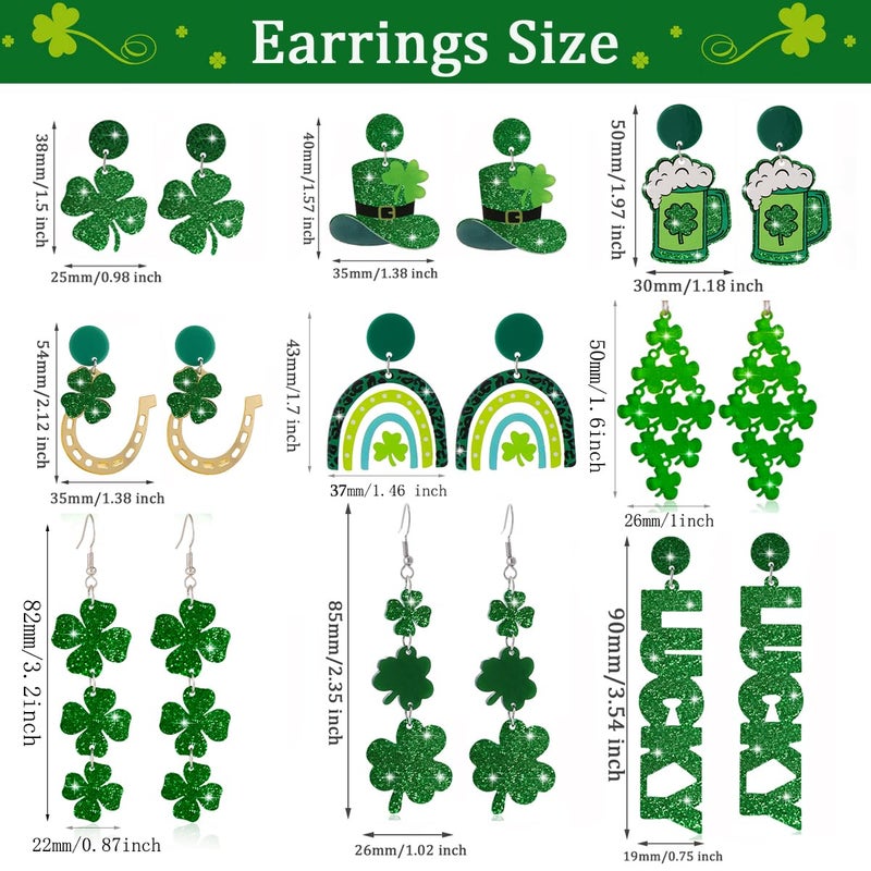 WanBigVa 9 Pairs St Patrick's Day Earrings,Green Shamrock Dangle Earrings for Women Clover Holiday Earring for Irish Festival St Patty's Jewelry Party Accessory - Image 4