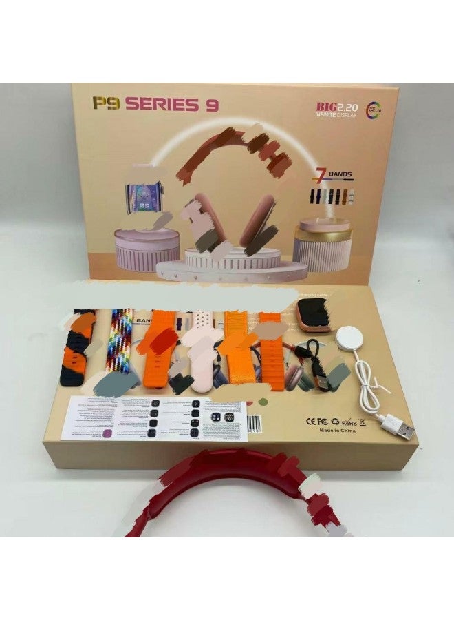 P9 S9 Smart Wearable Watch 8in1 Headset Heart Rate Meter Step Call Health Bluetooth Reminder Exercise 7strap-Color:Black-7 Watch Straps + Headphones  - Image 2