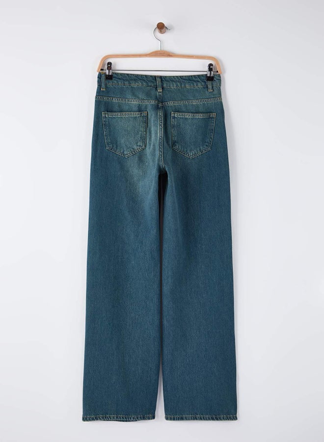 trendyol Dark Blue High Waist Draped Lyocell Blended Wide Leg Jeans - Image 5