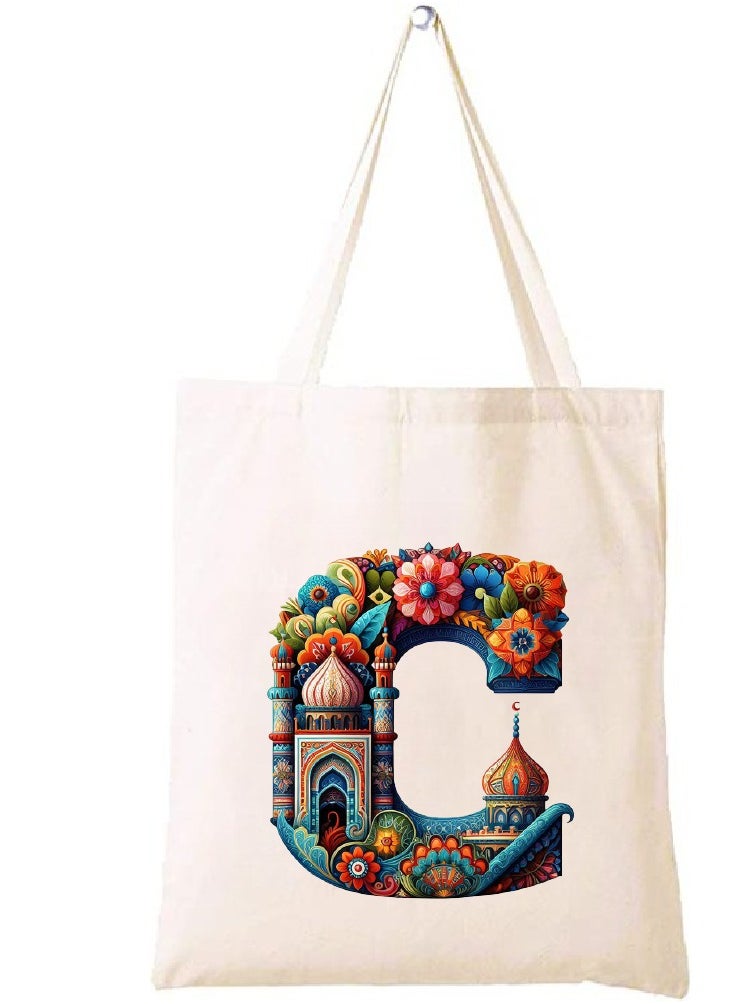 PRINTSHOP4ME Initial Monogram Tote Bag - Cotton Tote with Initial Design Printed - Perfect for School, Travel and Birthday Gift - Eco-Friendly Canvas Cotton Tote Bag for Women - Gift for Ramadan  - Image 1