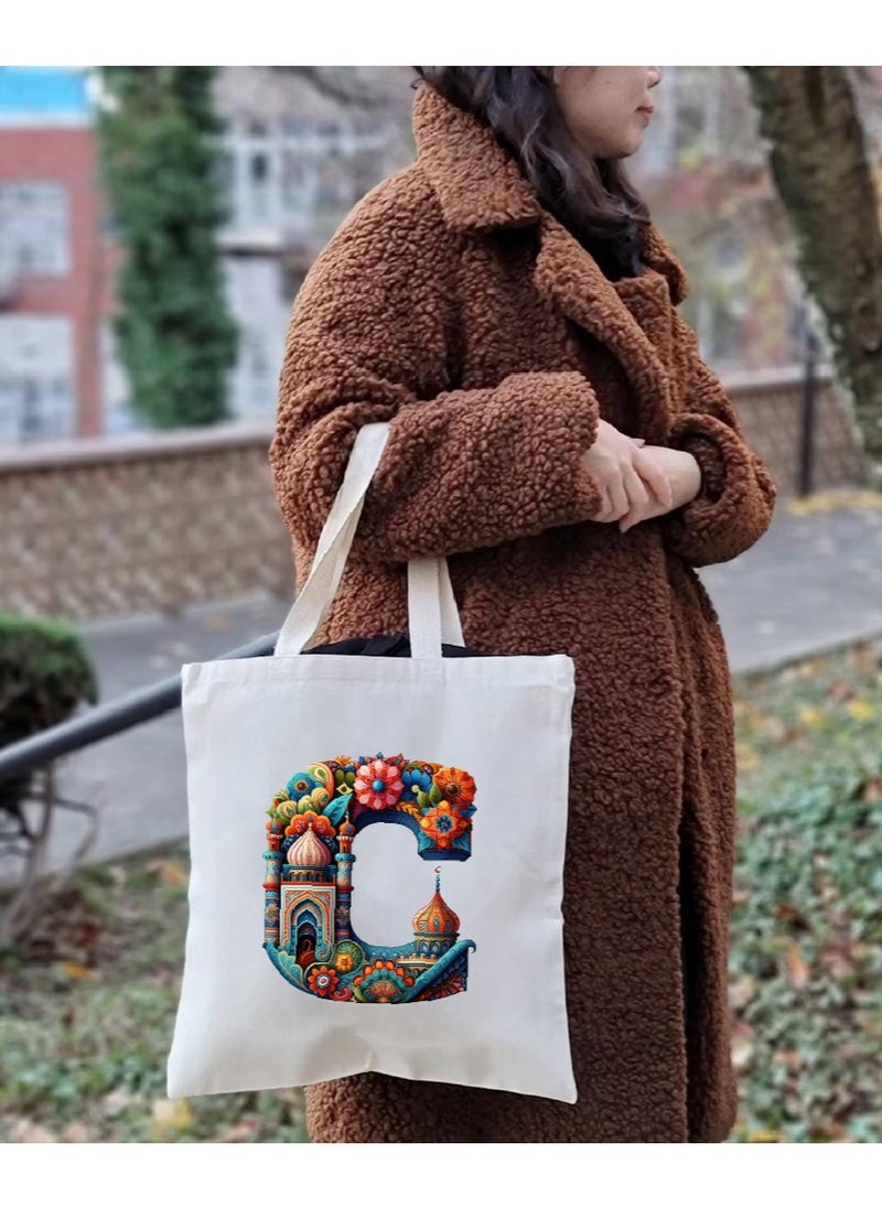 PRINTSHOP4ME Initial Monogram Tote Bag - Cotton Tote with Initial Design Printed - Perfect for School, Travel and Birthday Gift - Eco-Friendly Canvas Cotton Tote Bag for Women - Gift for Ramadan  - Image 5