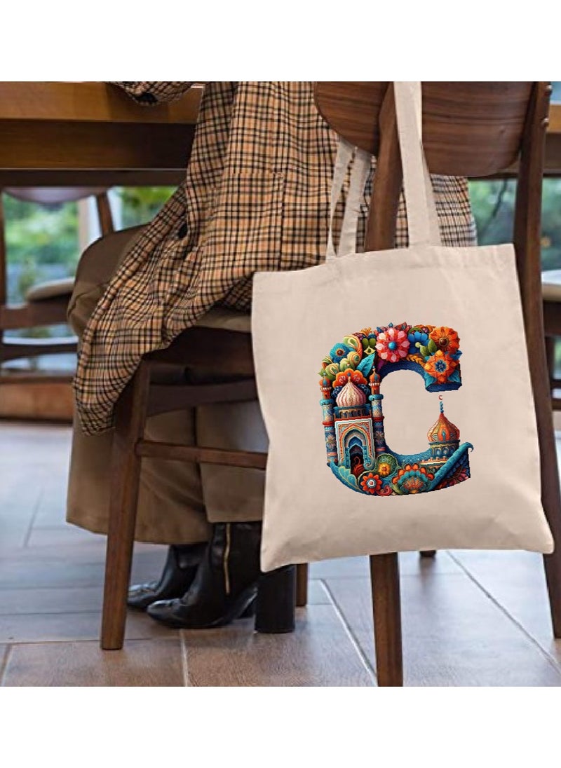 PRINTSHOP4ME Initial Monogram Tote Bag - Cotton Tote with Initial Design Printed - Perfect for School, Travel and Birthday Gift - Eco-Friendly Canvas Cotton Tote Bag for Women - Gift for Ramadan  - Image 3